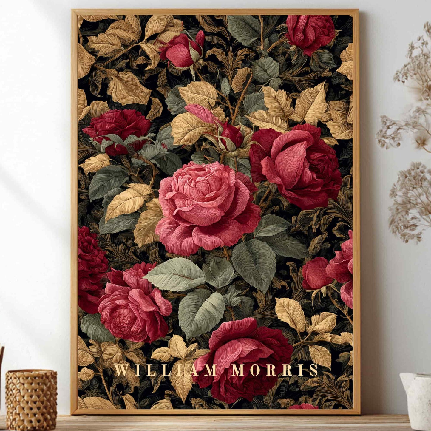 Framed artwork with red and pink roses on a wall, featuring the brand 'William Morris'.