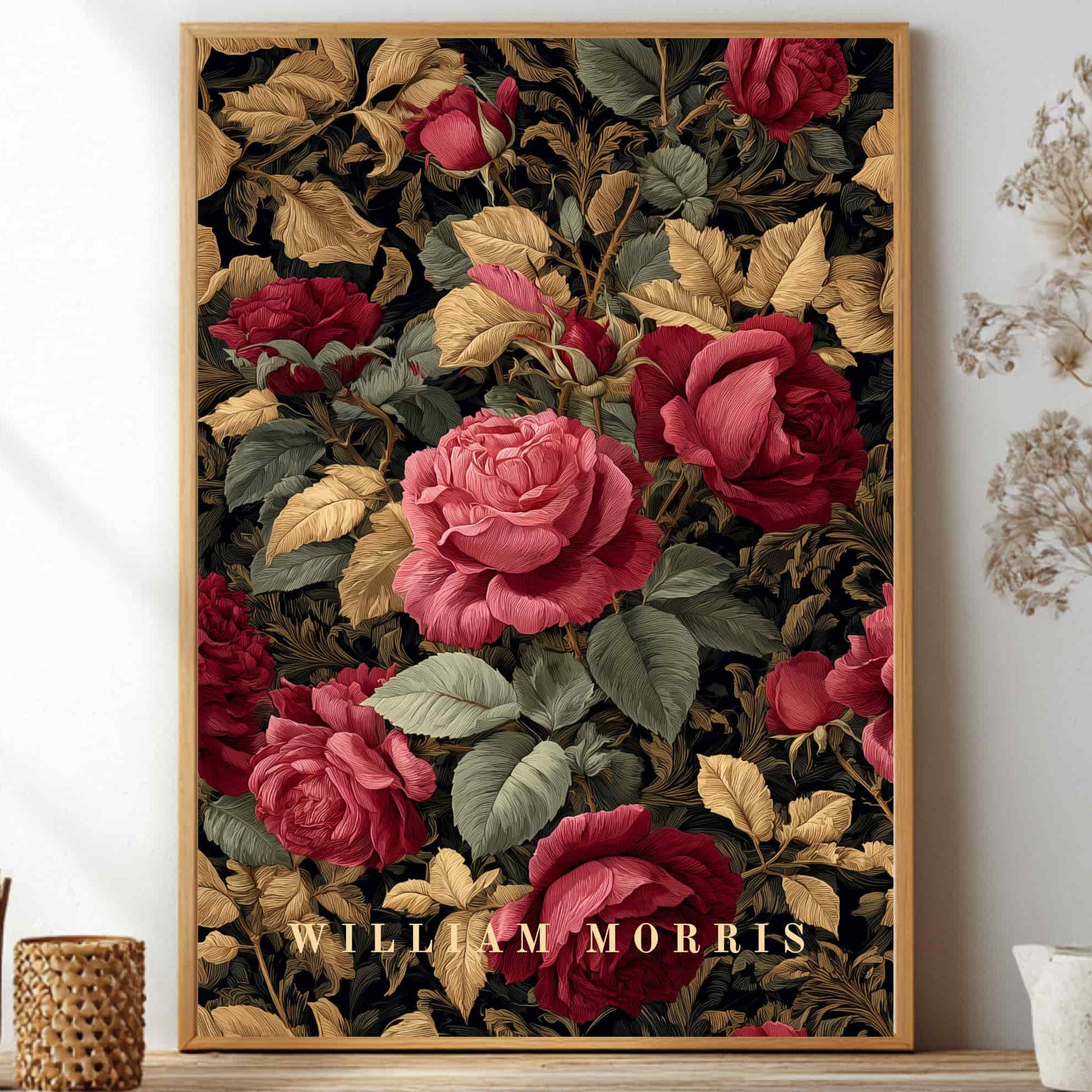 Framed artwork with red and pink roses on a wall, featuring the brand 'William Morris'.