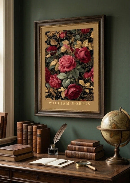 Framed floral artwork on a wall with decorative elements.