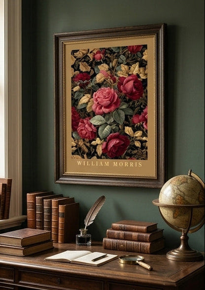 Framed floral artwork on a wall with decorative elements.