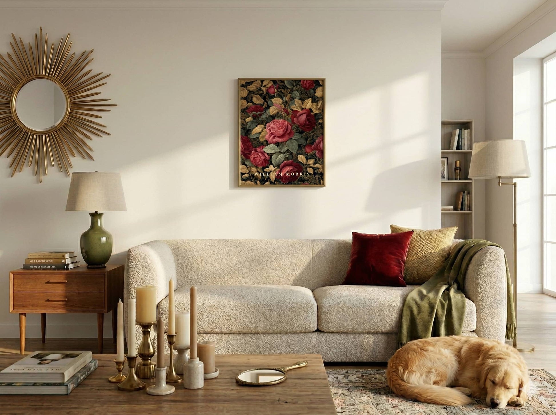 Living room with a beige sofa, decorative pillows, and a dog lying on the floor. William Morris inspired poster dark academia rose botanical wall art print with burgundy and green vintage floral pattern