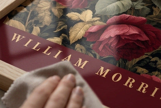 William Morris exhibition poster dark academia rose botanical wall art print with burgundy and green vintage floral pattern on parchment cream background