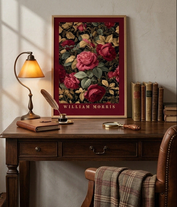 An office desk with a William Morris poster dark academia rose botanical wall art print with burgundy and green vintage floral pattern on parchment cream background