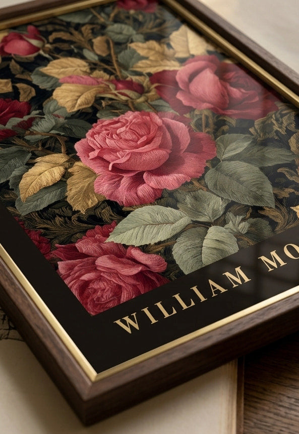 William Morris inspired poster dark academia rose botanical wall art print with burgundy and green vintage floral pattern, espresso black border