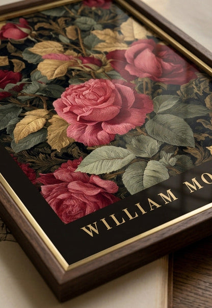William Morris inspired poster dark academia rose botanical wall art print with burgundy and green vintage floral pattern, espresso black border