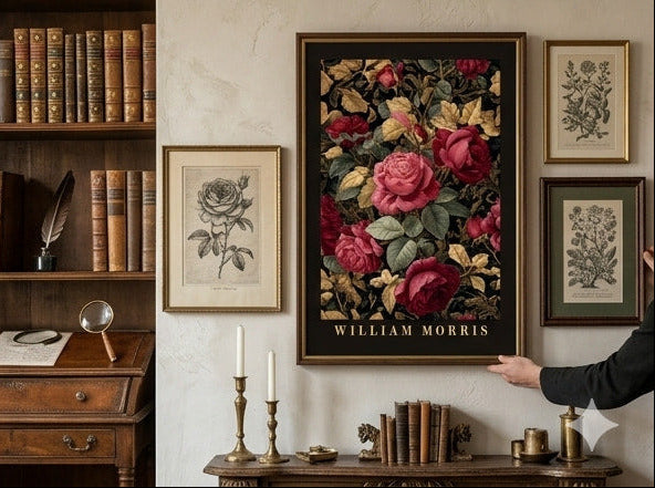 William Morris inspired poster dark academia rose botanical wall art print with burgundy and green vintage floral pattern, espresso black border