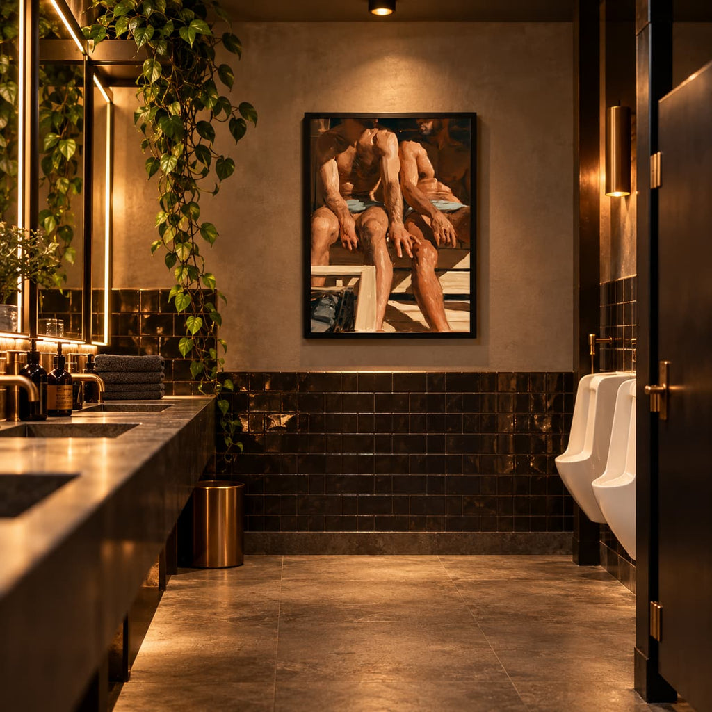 A framed art print depicting two men sitting on a bench, displayed on a textured beige wall in a modern, warmly lit men's bathroom with dark tiled walls, a double vanity, and white urinals.