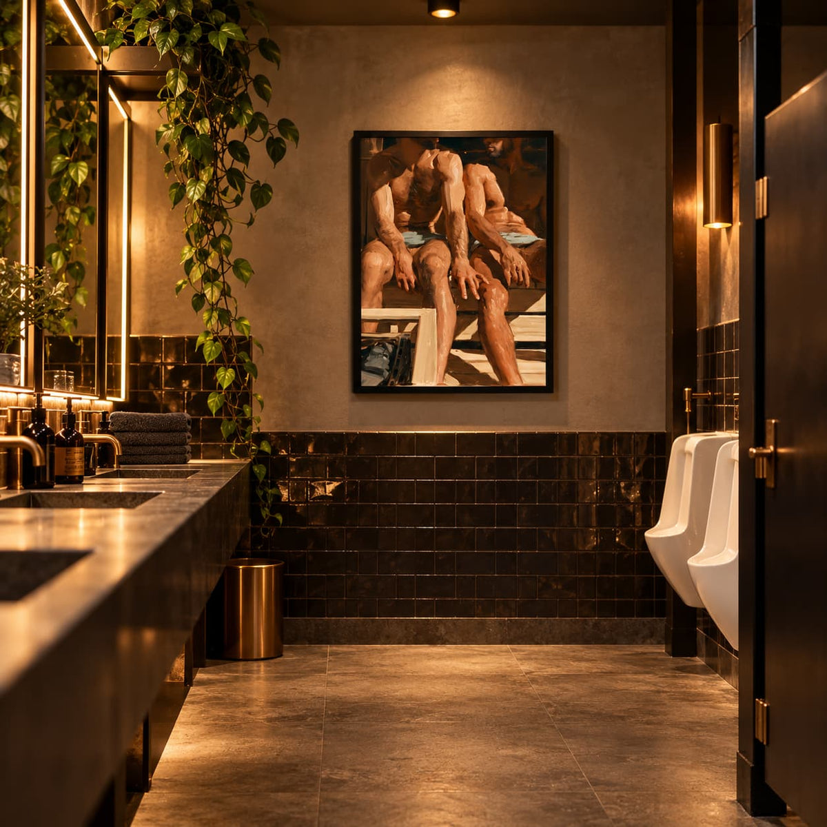 A framed art print depicting two men sitting on a bench, displayed on a textured beige wall in a modern, warmly lit men's bathroom with dark tiled walls, a double vanity, and white urinals.