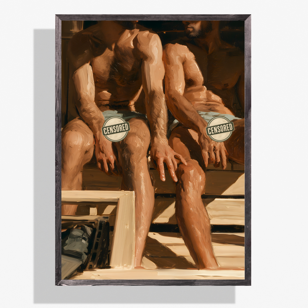 A framed art print depicting a muscular, censored painting of two men sitting on a bench, shown against a light gray background with a drop shadow.