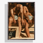 A framed art print depicting a muscular, censored painting of two men sitting on a bench, shown against a light gray background with a drop shadow.