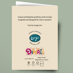 A cream-colored greeting card shown against a muted sage green background. The card features black descriptive text at the top, the 'imagii' logo in the center, and a colorful 'Diwali' title with 'Happy Diwali Elephants on Cream' at the bottom.