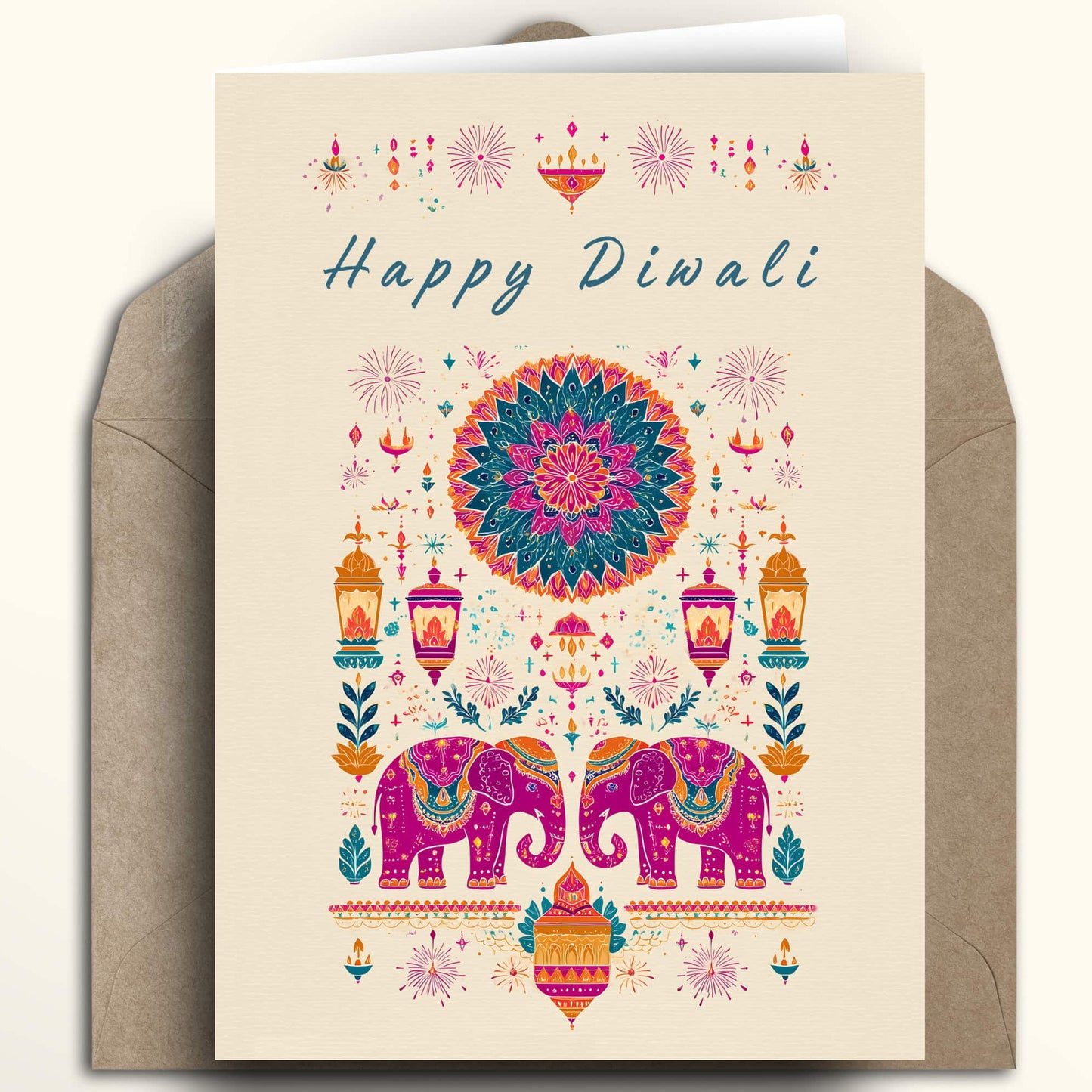 A Diwali greeting card with a cream background and colorful traditional Indian illustration, shown with a brown envelope behind it on a light beige background.