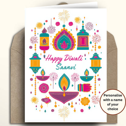 A Diwali greeting card with a white background and colorful traditional illustrations, shown with a brown envelope behind it. The card features the text 'Happy Diwali Saanvi' and a circular badge that says 'Personalise with a name of your choice'.