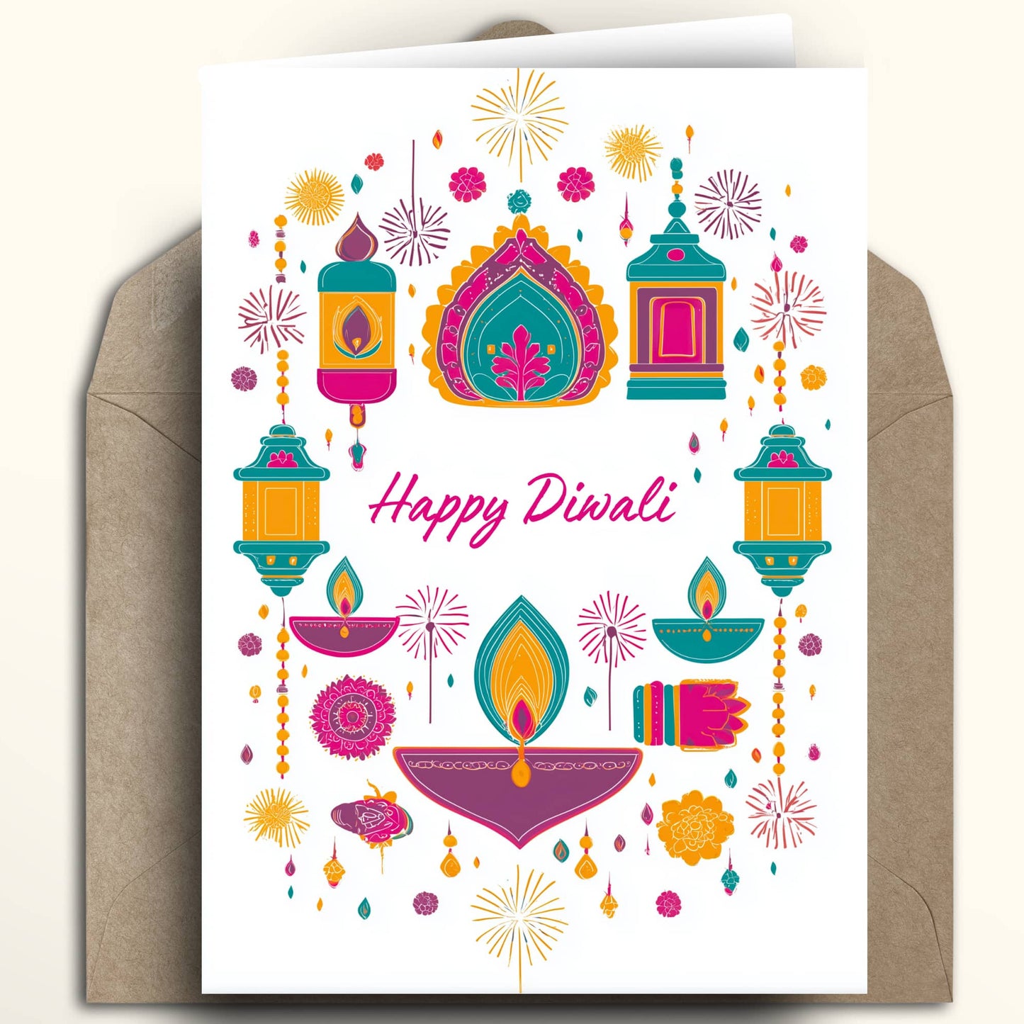 Personalised Diwali card with colourful diyas, lanterns and fireworks and a Happy Diwali greeting with a name