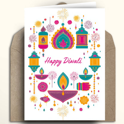Personalised Diwali card with colourful diyas, lanterns and fireworks and a Happy Diwali greeting with a name