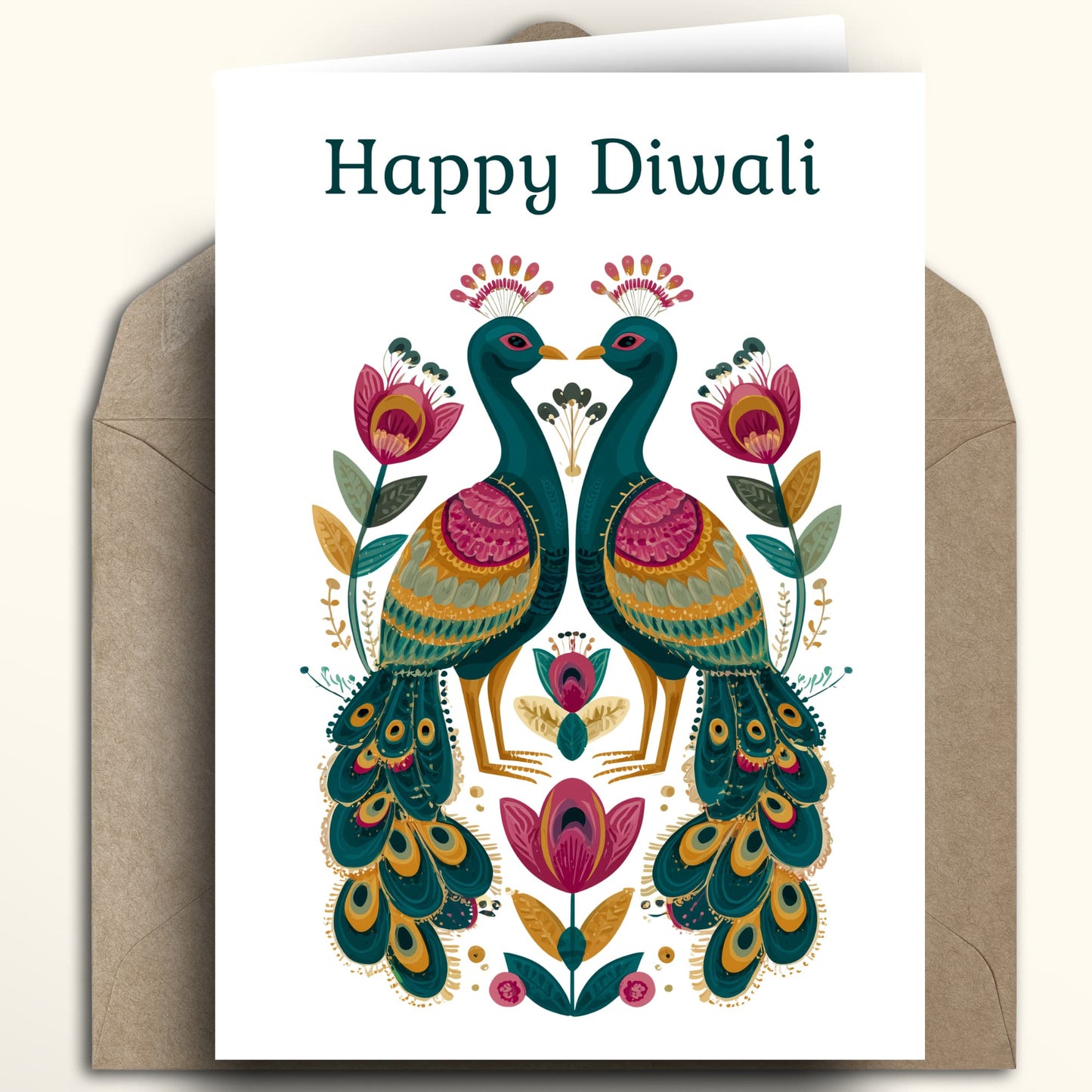 A white greeting card with the words 'Happy Diwali' at the top and an ornate symmetrical illustration of two peacocks surrounded by flowers, shown standing in front of a brown envelope on a light beige background.
