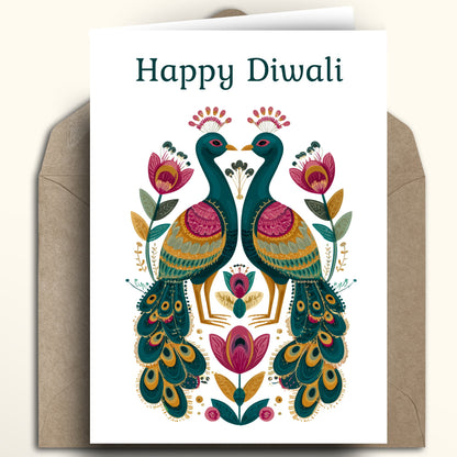 A white greeting card with the words 'Happy Diwali' at the top and an ornate symmetrical illustration of two peacocks surrounded by flowers, shown standing in front of a brown envelope on a light beige background.