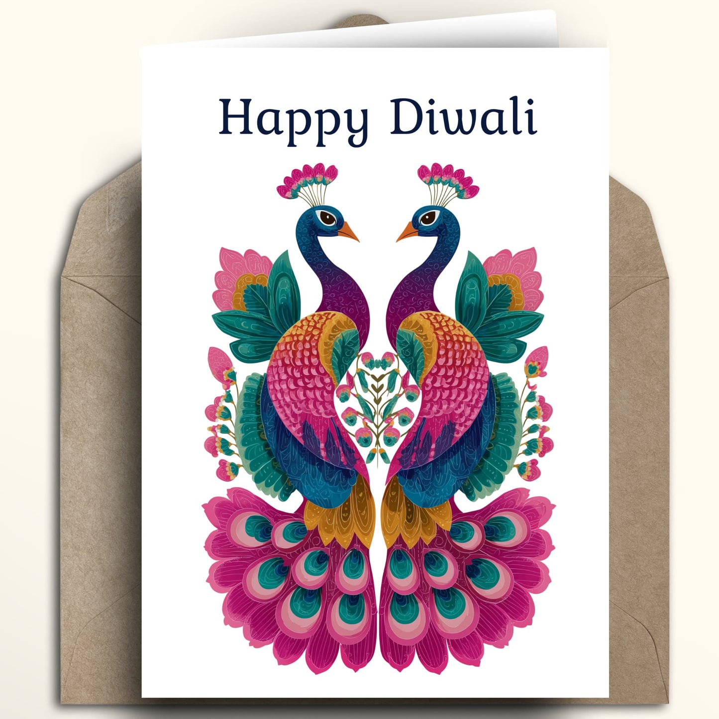 A Diwali greeting card with a white background, featuring a symmetrical folk-art illustration of two peacocks in bright pink, teal, green, and gold colors. The text 'Happy Diwali' is printed at the top in dark navy.