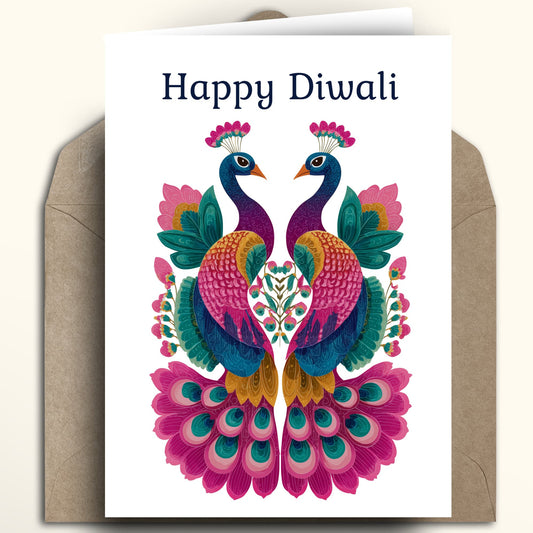 A Diwali greeting card with a white background, featuring a symmetrical folk-art illustration of two peacocks in bright pink, teal, green, and gold colors. The text 'Happy Diwali' is printed at the top in dark navy.