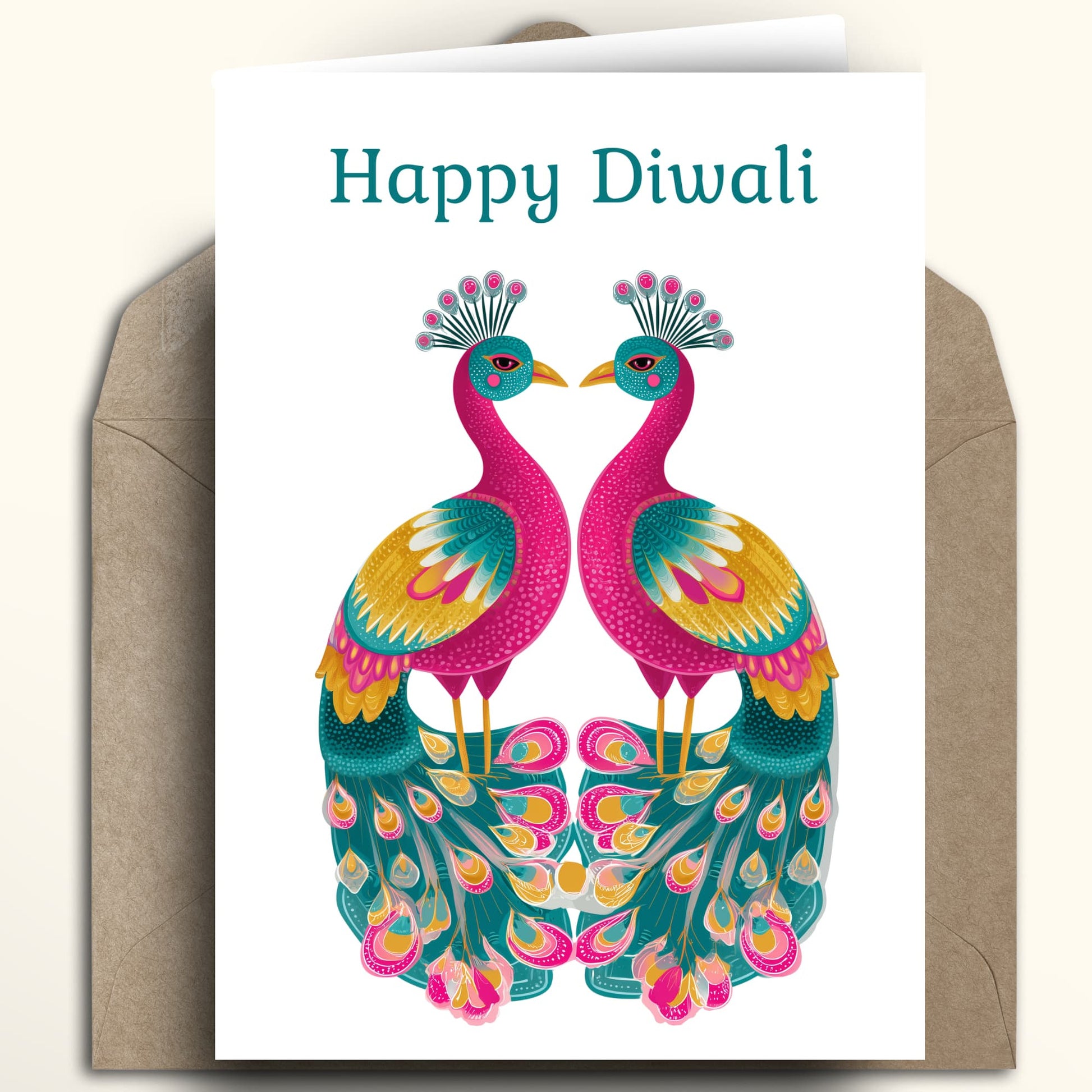 A Diwali greeting card with the text 'Happy Diwali' at the top, featuring two colorful peacocks facing each other on a white card, shown with a brown envelope behind it.