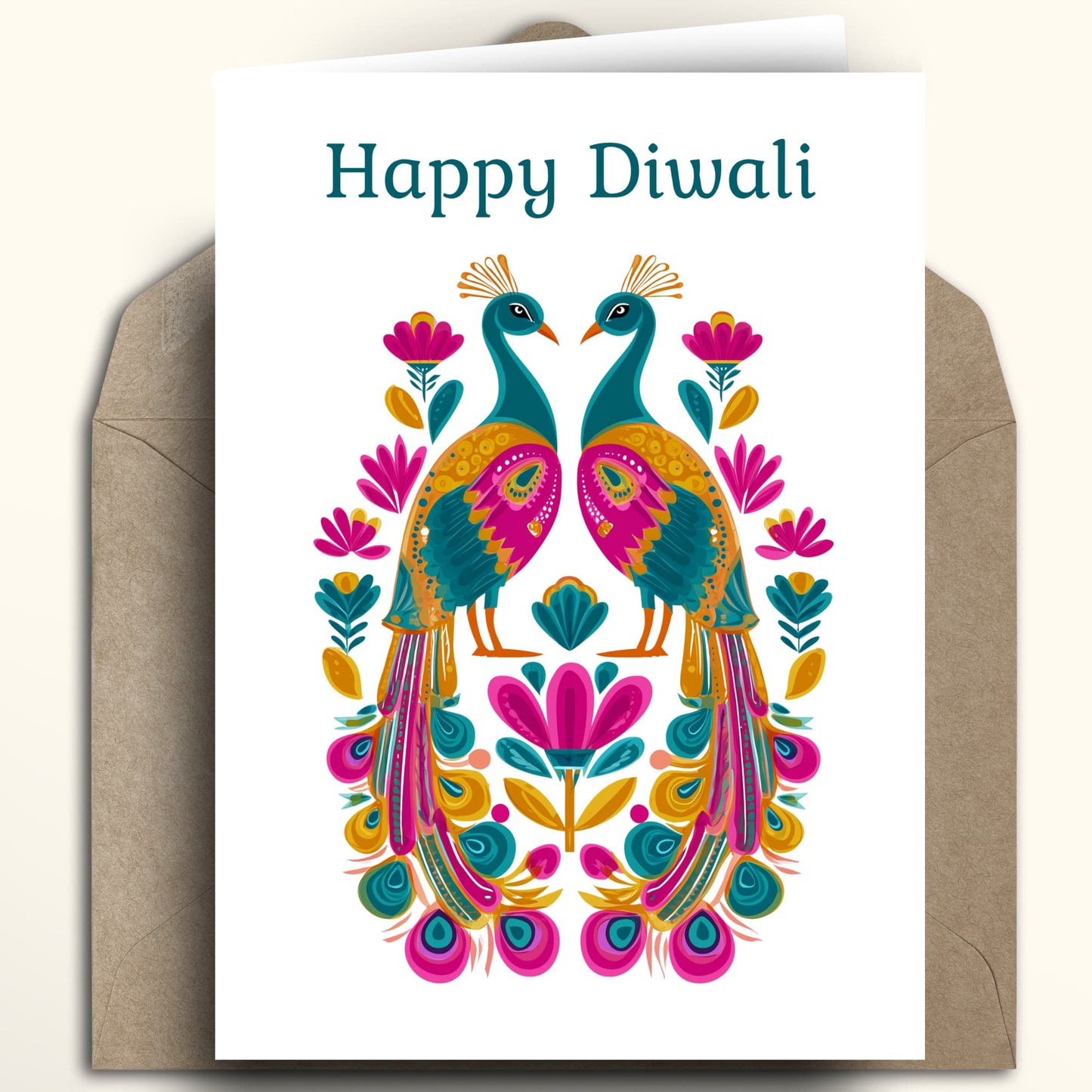 A white greeting card with the text 'Happy Diwali' above a colorful symmetrical peacock illustration, shown with a brown kraft envelope behind it on a light beige background.