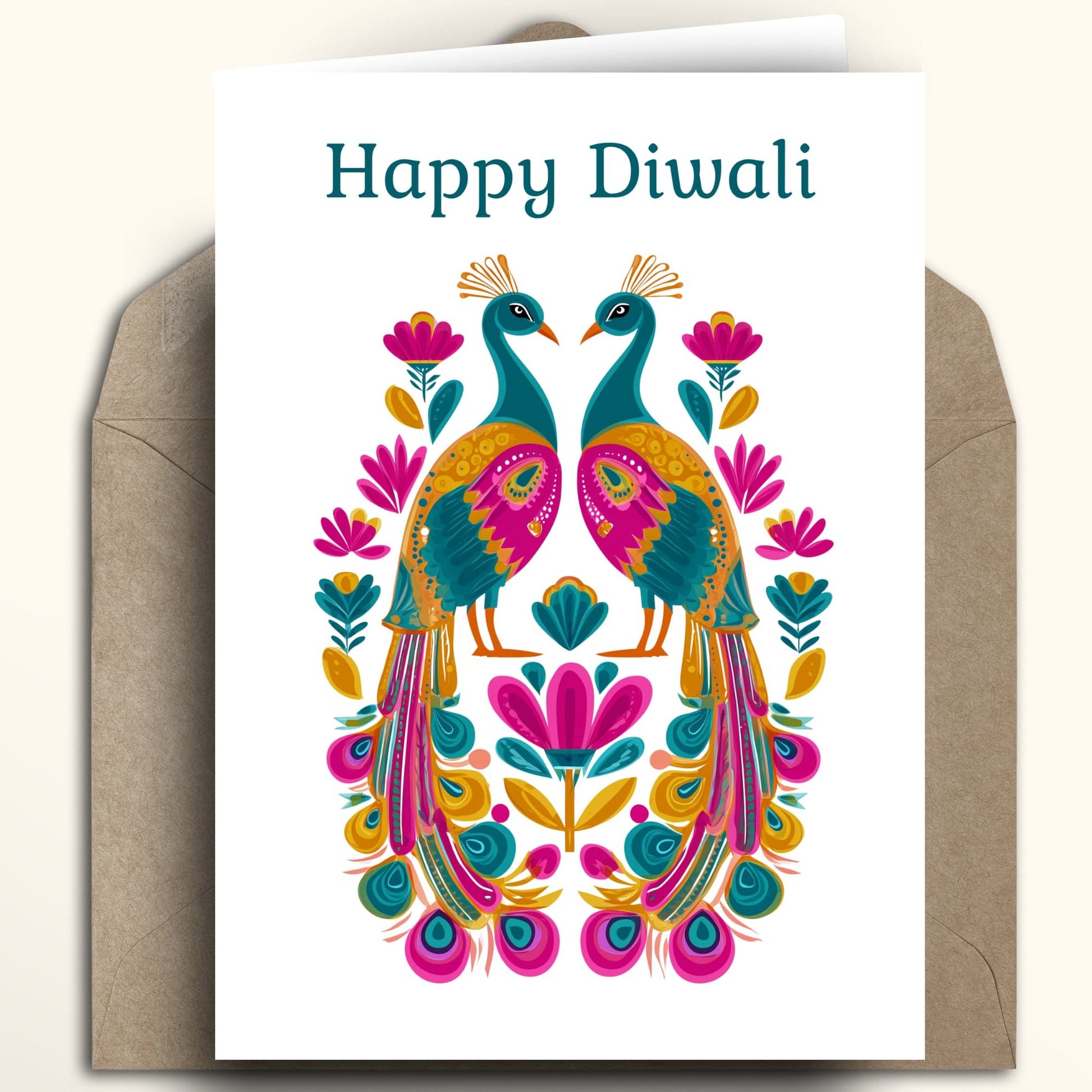 A white greeting card with the text 'Happy Diwali' above a colorful symmetrical peacock illustration, shown with a brown kraft envelope behind it on a light beige background.