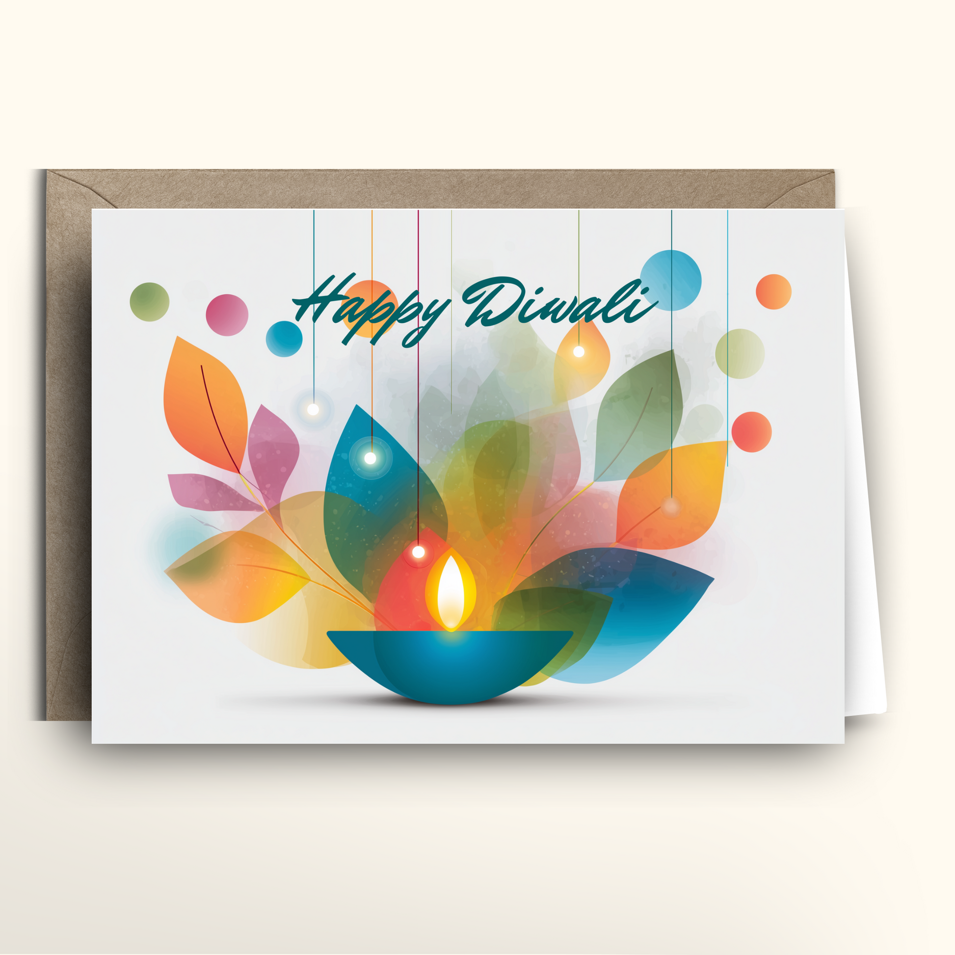 Greeting card with colorful design and 'Happy Diwali' text on a white background
