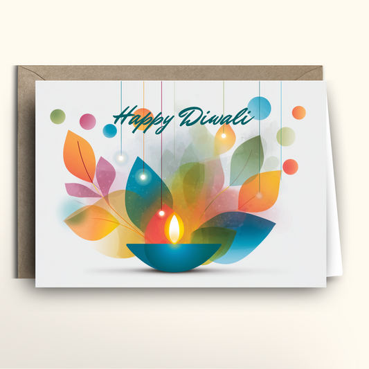 Greeting card with colorful design and 'Happy Diwali' text on a white background
