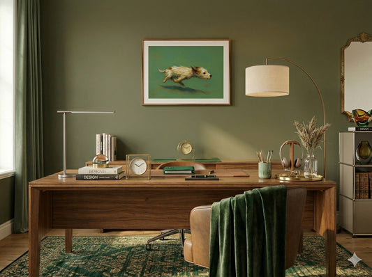 Vintage style oil painting of a small brown and white dog running in zoomies against a sage green background, perfect for rustic wall decor.