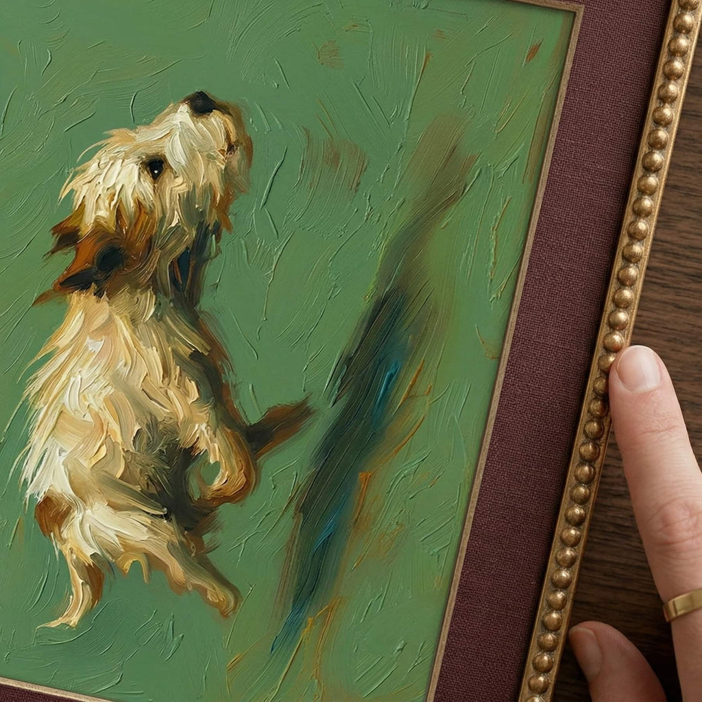 Vintage style oil painting of a small brown and white dog running in zoomies against a sage green background, perfect for rustic wall decor.