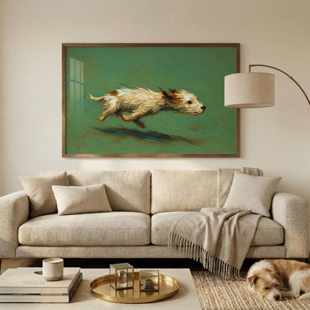 Vintage style oil painting of a small brown and white dog running in zoomies against a sage green background, perfect for rustic wall decor.