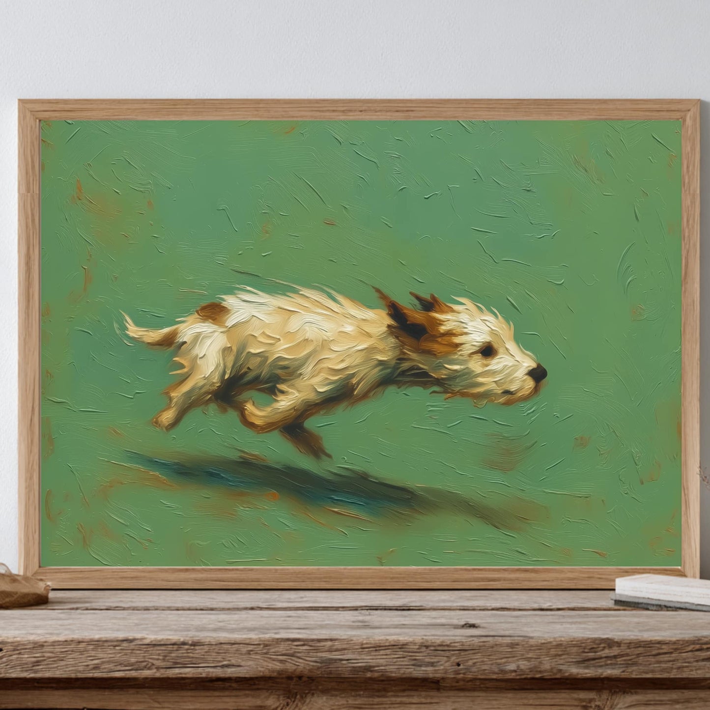 Vintage style oil painting of a small brown and white dog running in zoomies against a sage green background, perfect for rustic wall decor.