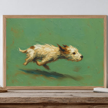 Vintage style oil painting of a small brown and white dog running in zoomies against a sage green background, perfect for rustic wall decor.