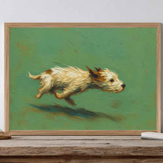 Vintage style oil painting of a small brown and white dog running in zoomies against a sage green background, perfect for rustic wall decor.