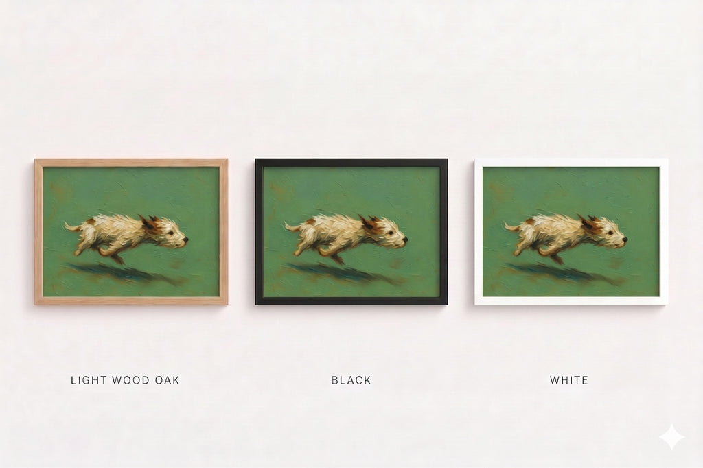 Three framed art prints showing the same dog painting in different frame finishes: light wood oak, black, and white. The prints are arranged side by side on a light background with labels underneath.
