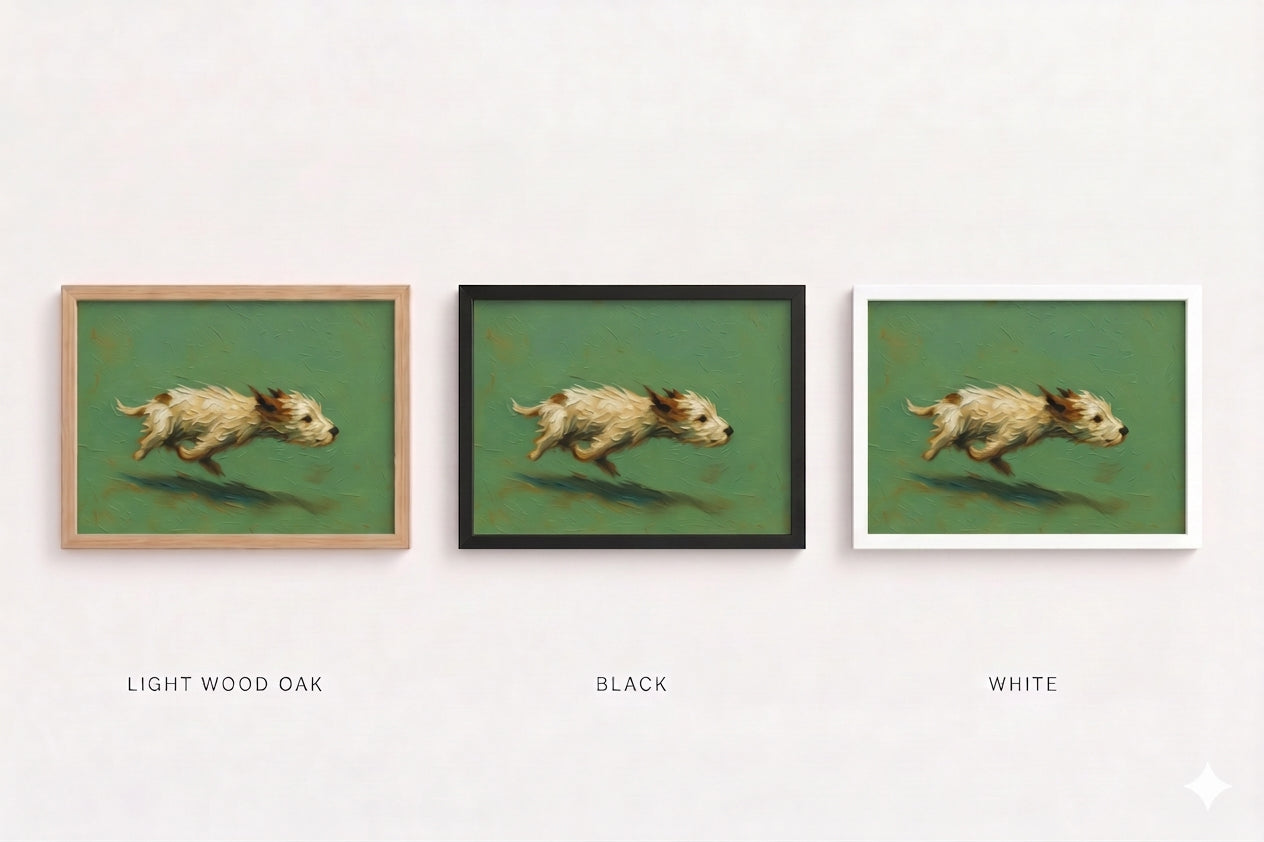 Three framed art prints showing the same dog painting in different frame finishes: light wood oak, black, and white. The prints are arranged side by side on a light background with labels underneath.