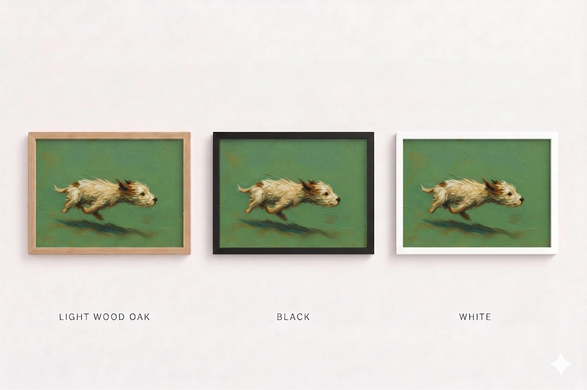 Three framed art prints showing the same dog painting in different frame finishes: light wood oak, black, and white. The prints are arranged side by side on a light background with labels underneath.