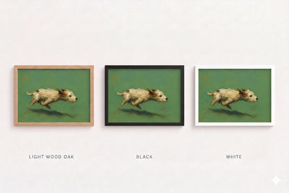 Three framed art prints showing the same dog painting in different frame finishes: light wood oak, black, and white. The prints are arranged side by side on a light background with labels underneath.