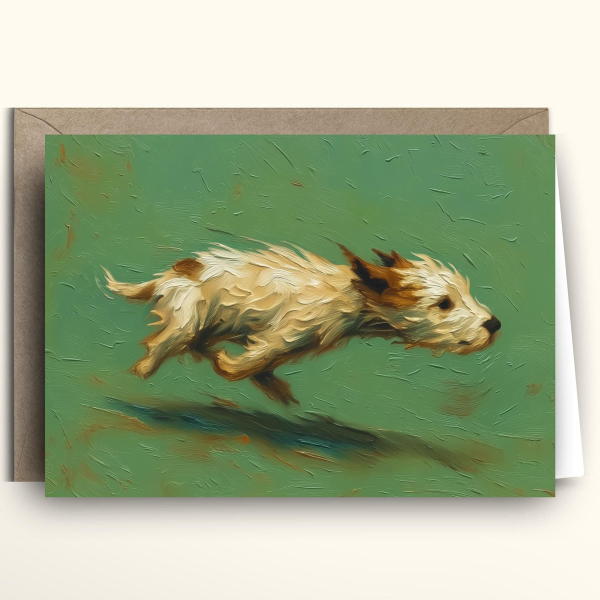 A greeting card featuring an impressionistic painting of a small cream and brown dog running across a textured green background, shown with a brown envelope behind it on a light beige surface.