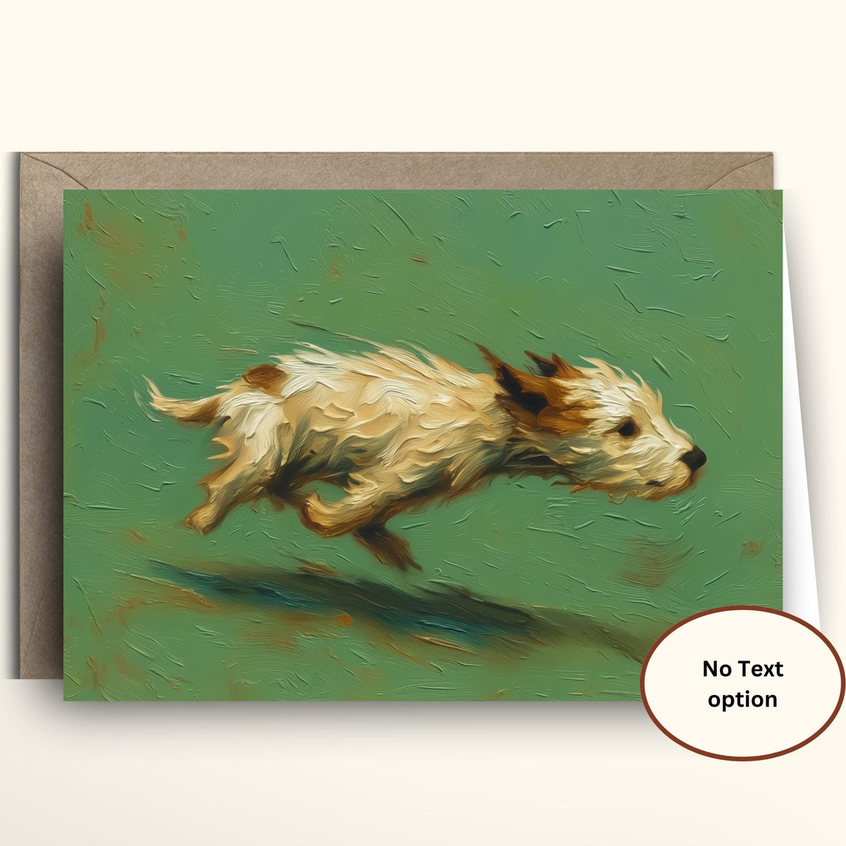 A greeting card featuring an impressionistic painting of a small white and brown dog running across a textured green background, shown with a brown envelope behind it on a light cream backdrop. A circular badge on the card reads 'No Text option'.