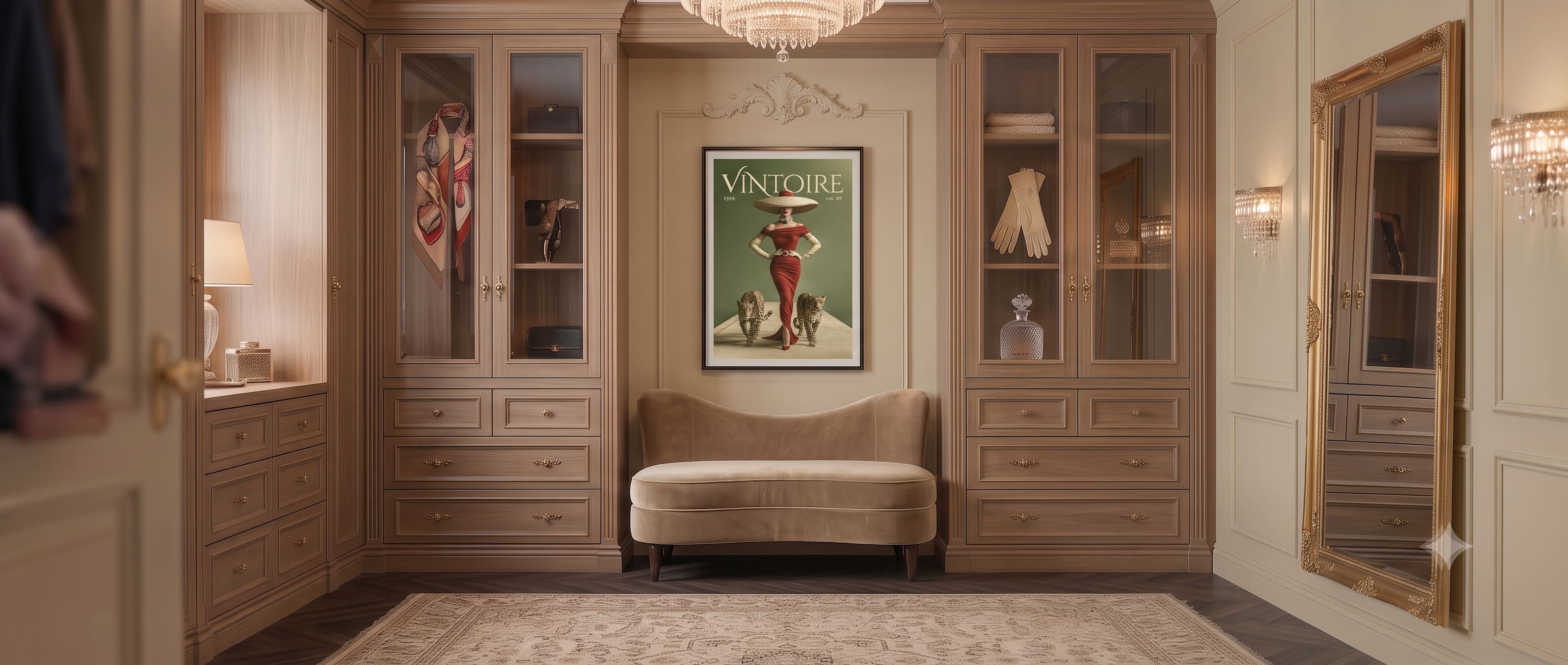 A luxury dressing room featuring extensive custom wood cabinetry with glass-front upper cabinets and drawers below, a central upholstered chaise lounge, a framed vintage 'Vintoire' poster, and a large gold-framed mirror on the wall.