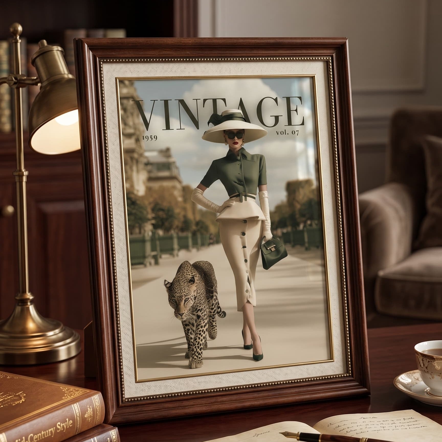A framed vintage-style fashion magazine cover displayed on a wooden desk in a warm, elegant room. The cover features a woman walking with a leopard, with the title 'VINTAGE' visible.