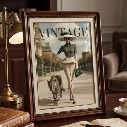 A framed vintage-style fashion magazine cover displayed on a wooden desk in a warm, elegant room. The cover features a woman walking with a leopard, with the title 'VINTAGE' visible.