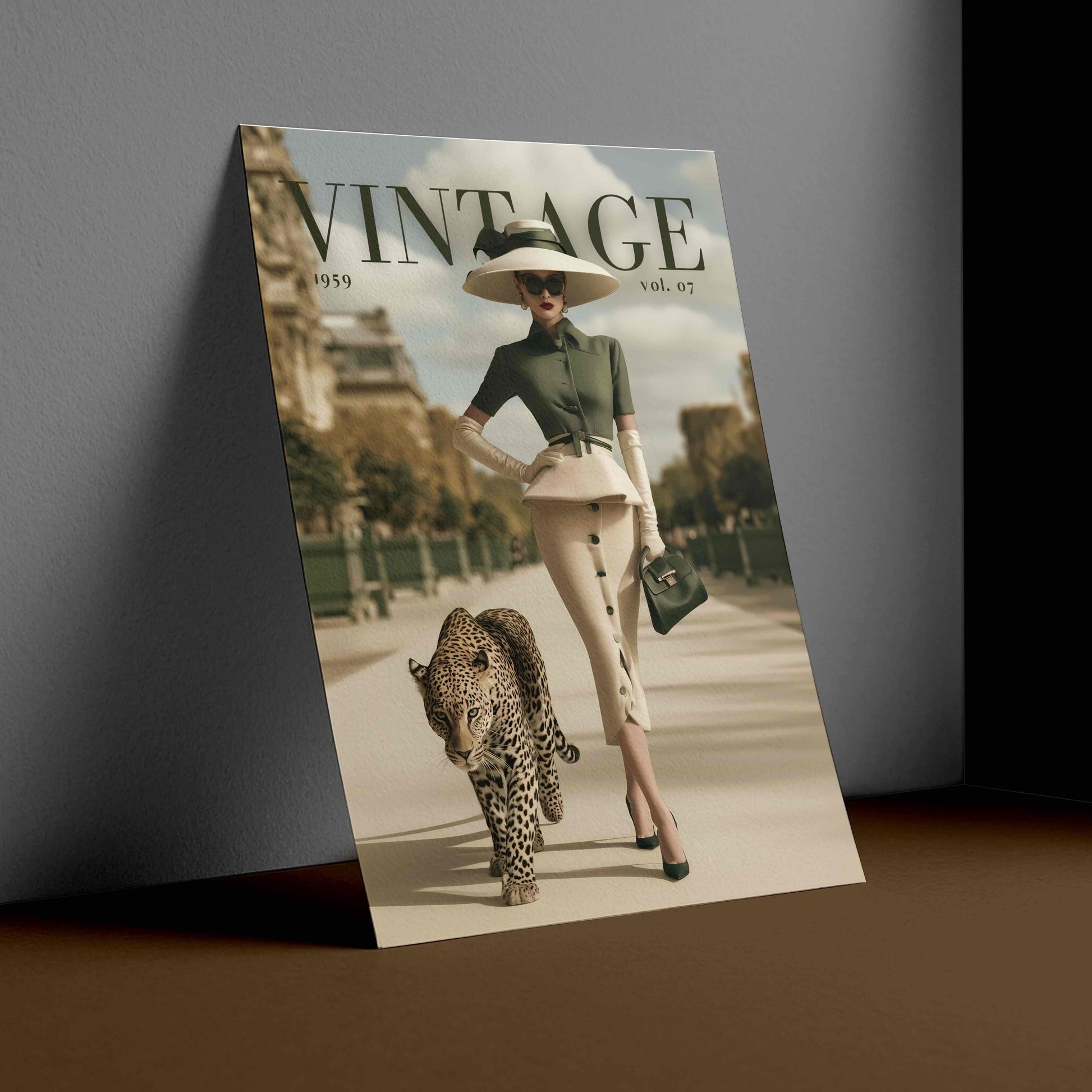 A vintage-style Vogue magazine cover leaning against a dark gray wall on a brown surface. The cover features a woman in a wide-brimmed hat and dark green top walking with a leopard in an urban setting.
