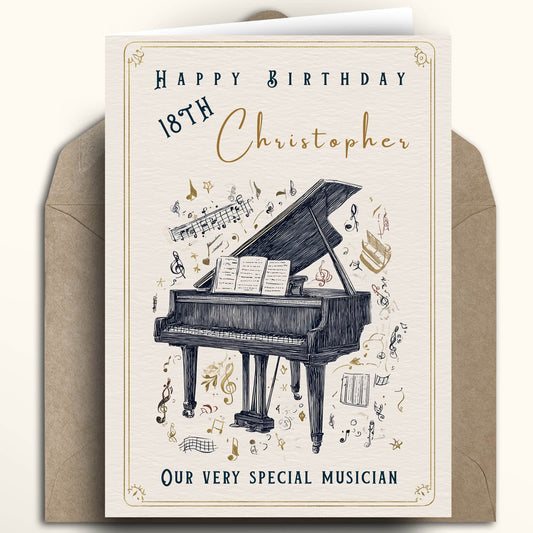 Birthday card with a piano illustration and musical notes, featuring the text 'Happy Birthday Christopher'.