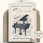Birthday card with a piano illustration and personalized text on a white background