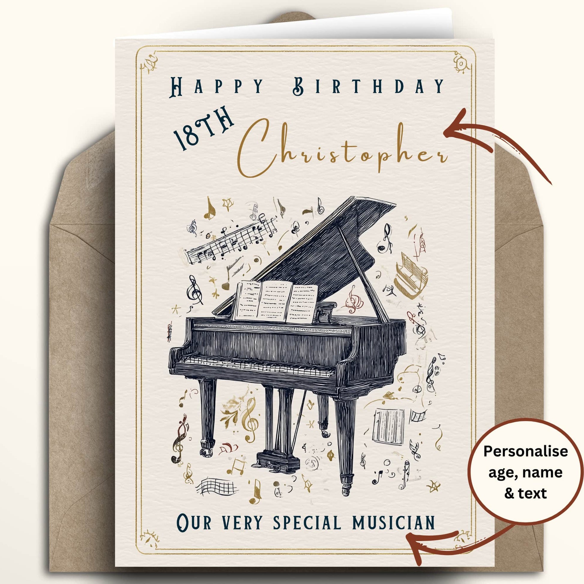 Birthday card with a piano illustration and personalized text on a white background