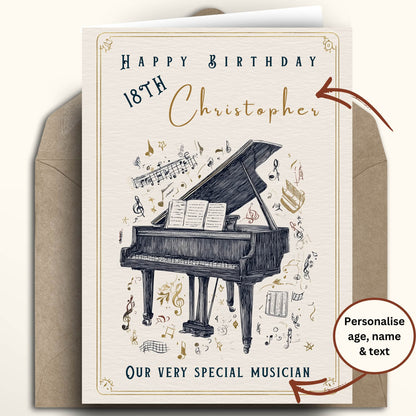 Birthday card with a piano illustration and personalized text on a white background