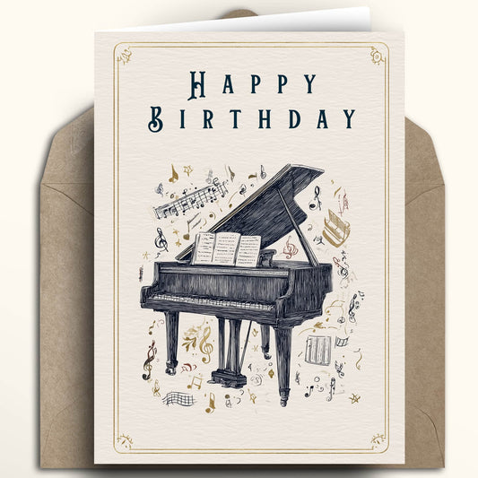 Birthday card with a piano illustration and 'Happy Birthday' text, featuring an envelope.