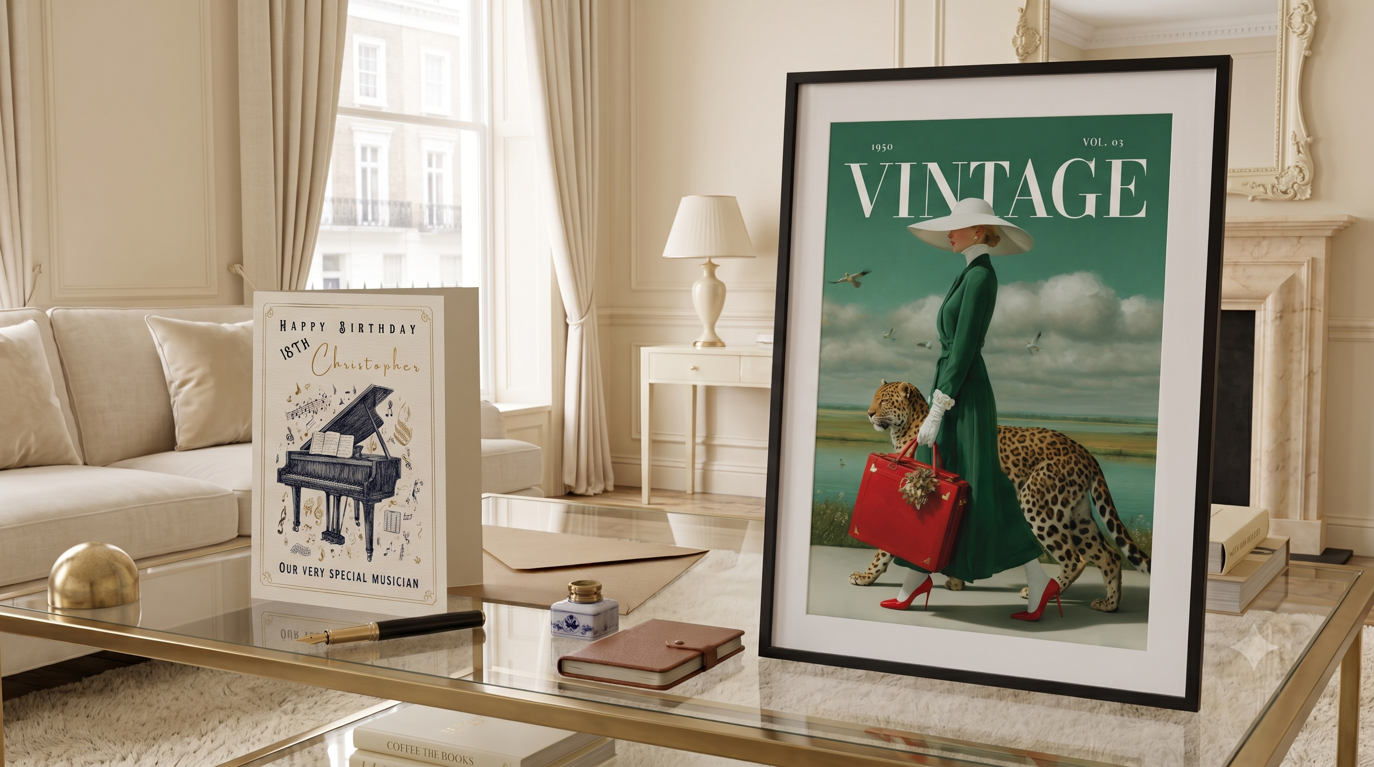 A framed vintage-style magazine cover print stands on a glass coffee table in a bright, elegant living room. The print features the word VINTAGE at the top and an illustration of a woman in a green dress and white hat carrying a red suitcase, accompanied by a leopard.
